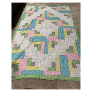 Vintage Pastel Baby Log Cabin / Rail Fence Pattern Patchwork Quilt Handmade
